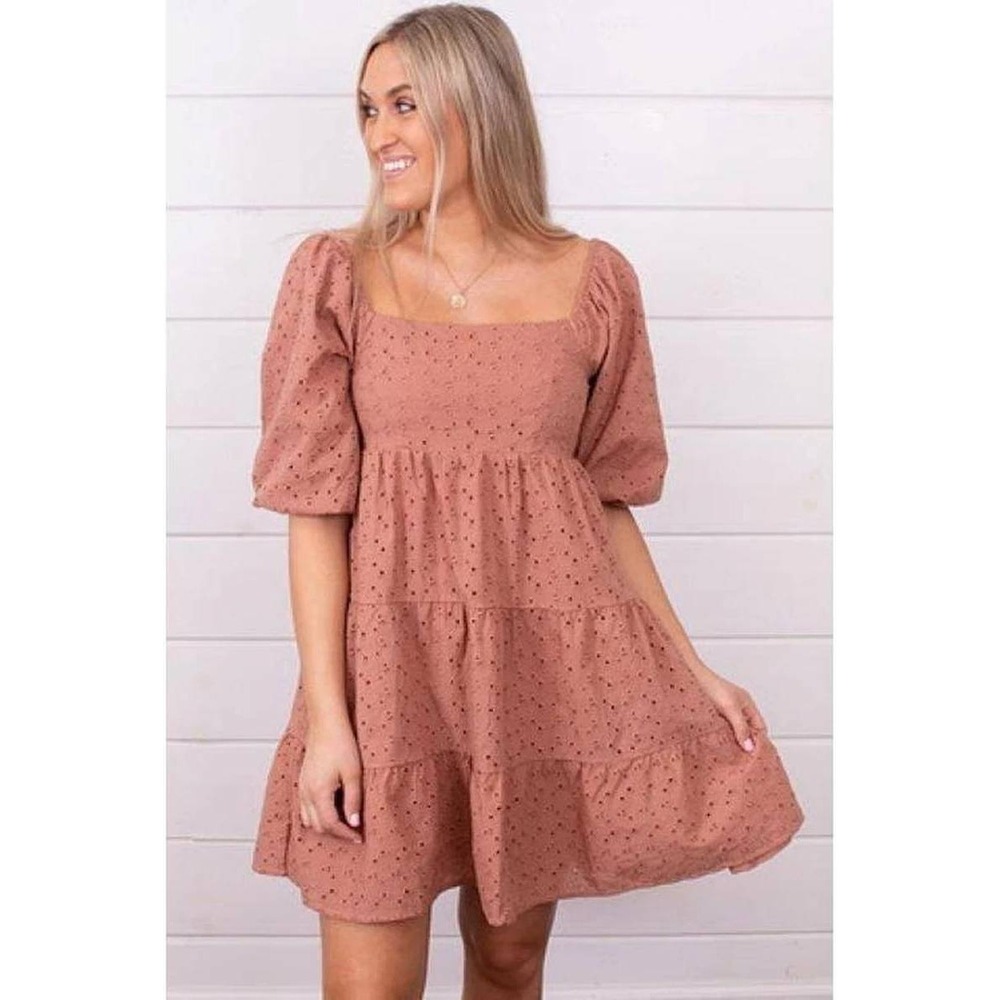 By Together Eyelet Tiered Dress L Square Neck Puff Sleeve Peasant Cottagecore